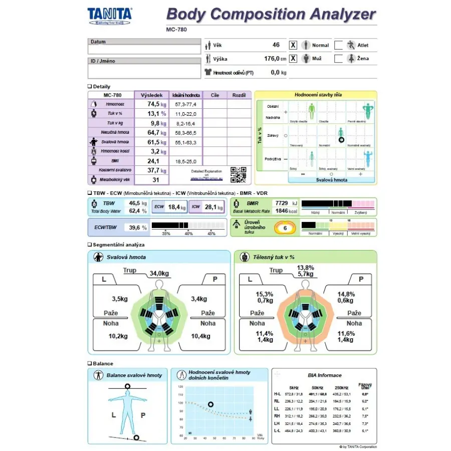 Tanita komplexní segmentová analýza těla/kaliperace 